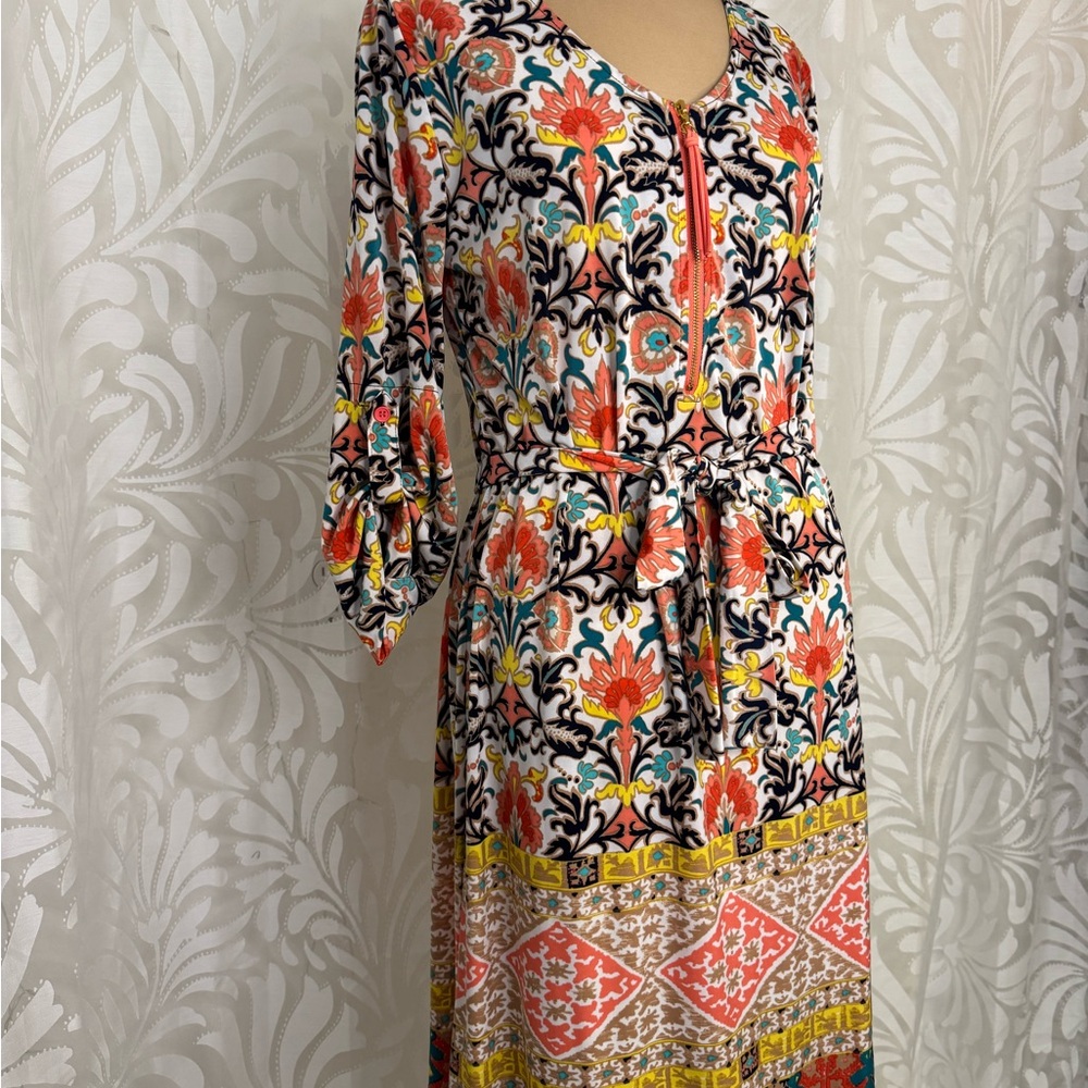 Tacera Graphic Floral Bohemian Dress with Leather Fringe Zipper Pull